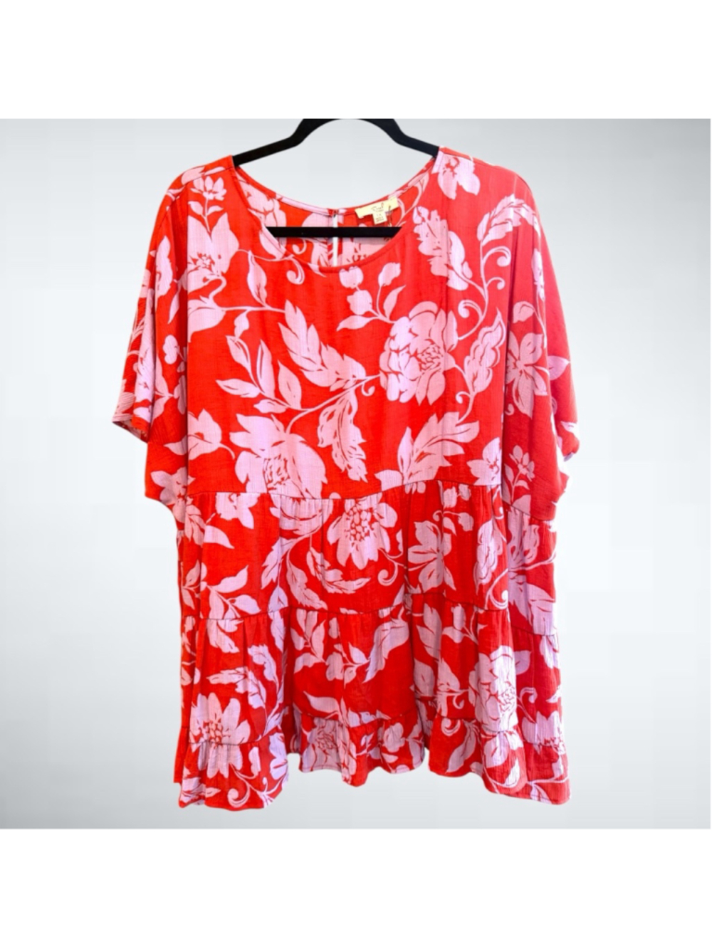Easel Floral Baby Doll Short Sleeve Top in Persimmon Size 1X